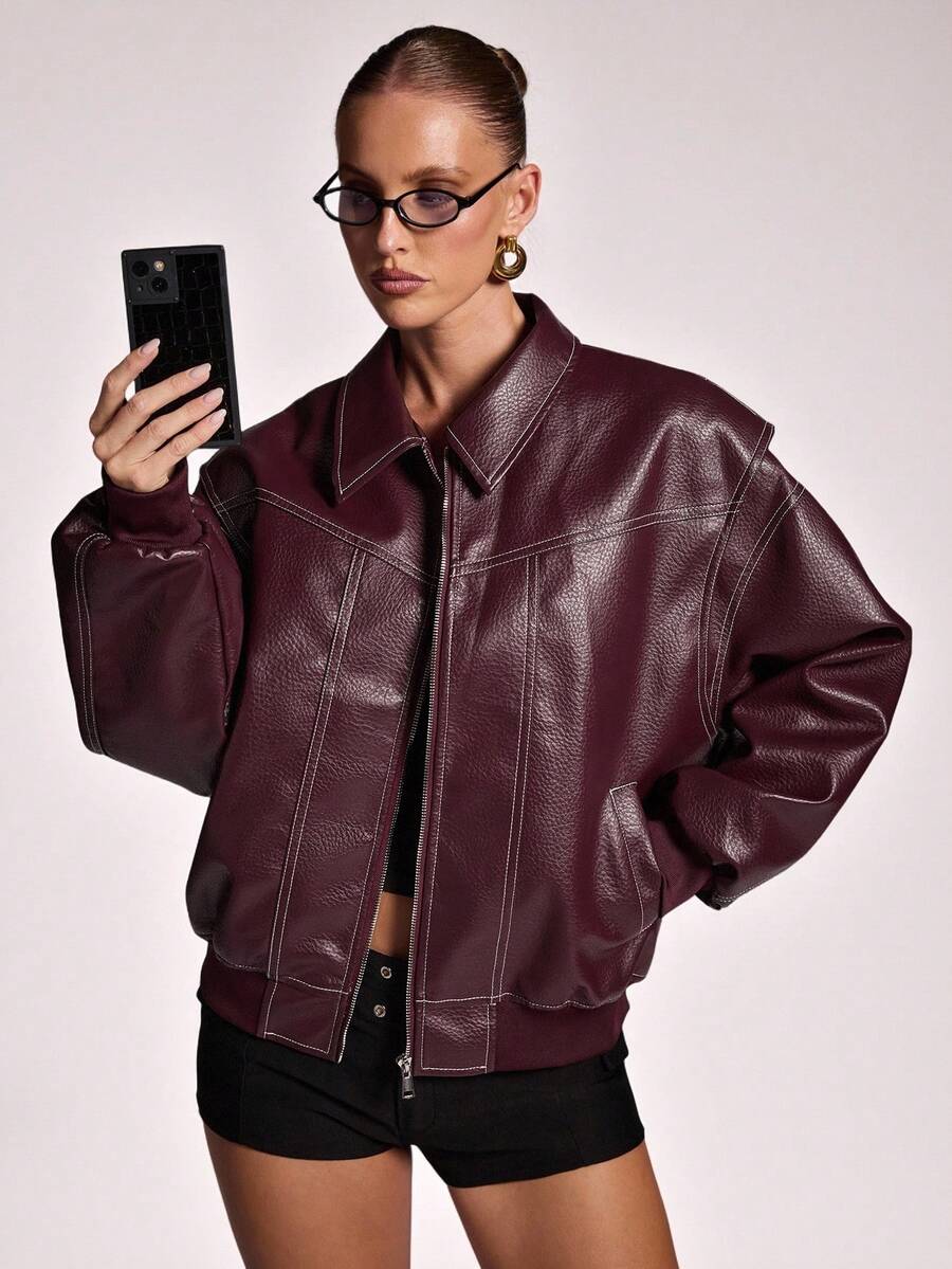 SHEIN BAE Women's Solid Color Long Sleeve Zip-Up Collar Casual PU Leather Jacket, Autumn, Women Leather Jacket, Burgundy Leather Jacket, Oversized Leather Jacket,Fall - Burgundy - View 1