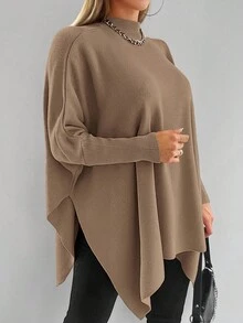 EURMUSE Mock Neck Batwing Sleeve Asymmetrical Hem Sweater - Camel - View 3