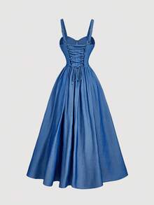 SHEIN MOD Women's Elegant Spaghetti Strap Faux Denim Lace-Up Waist Bustier Dress,Fall /Winter,Halloween,Christmas, Going Out,Cute,Gothic,Chic,Casual,, Blue Formal Dress, Blue Wedding Guest Dress, Blue Sundress