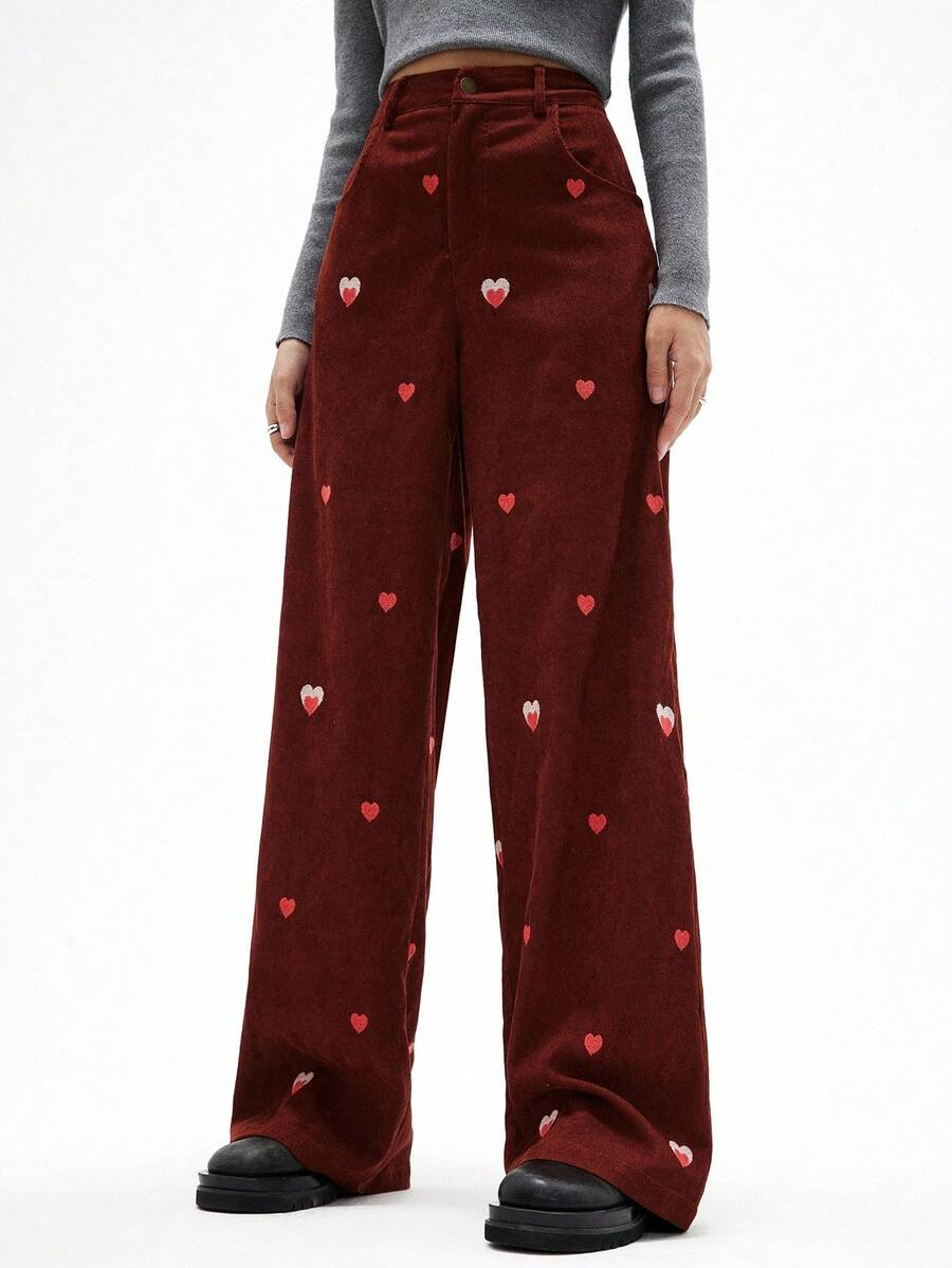 Calça reta de perna larga com bordado de coração em veludo, design retrô americano casual, solto, para outono/inverno - Castanho - Visão 1