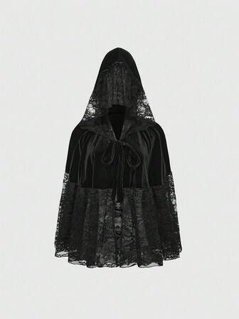 Goth Women's Gothic Luxurious Velvet & Lace Patchwork Hooded Cape Coat, Halloween