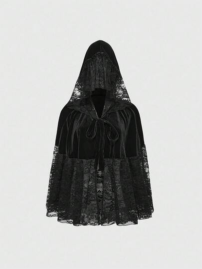 Women's Gothic Luxurious Velvet & Lace Patchwork Hooded Cape Coat, Halloween