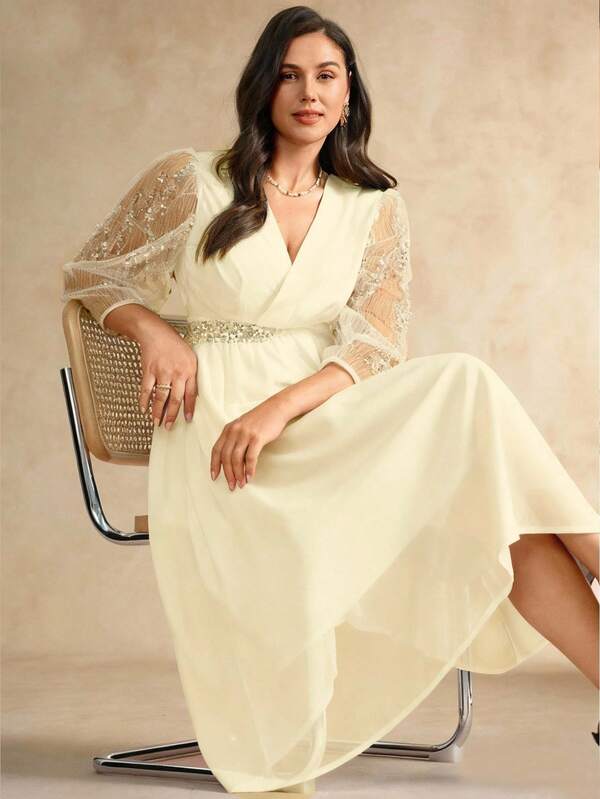 Flouryn Elegantes Kleid in Große Größen für Damen mit V-Ausschnitt, Pailletten, Spitze-Patchwork und langen Ärmeln, taillierter A-Linie Rock aus langem schwarzem Chiffon, geeignet für Partys und Zusammenkünfte