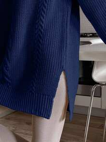 EURMUSE Casual Solid Color Stand Collar Side Slit Raglan Sleeve Sweater, Autumn/Winter - Navy Blue - View 7