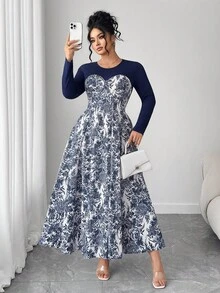 SHEIN Elenzya 大码女式圆领撞色复古印花优雅派对长袖超长连衣裙，春夏秋季 - 藍色 - 查看 1