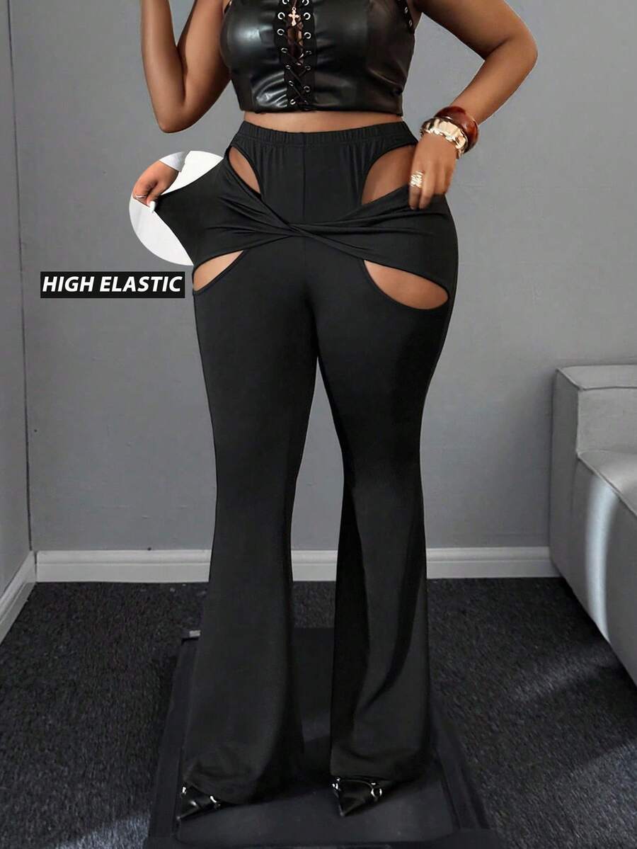 Maweii Pantalon évasé sexy à grande taille avec découpes et torsades, pour soirée - Noir - Voir 1