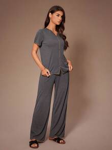 Lazeform Casual Lazy Women Pajama Set Women Lounge Wear Sets Sleep Wear Women 2 Piece Set Modal Pajama Set Bamboo Pajamas Women V Neck Lounge Wear - Dark Grey - View 5
