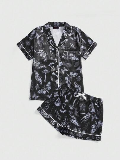 Kawaii Gothic Skull, Butterfly, Moth, Mushroom & Plant All Over Print Cardigan Shirt & Shorts Pajama Set