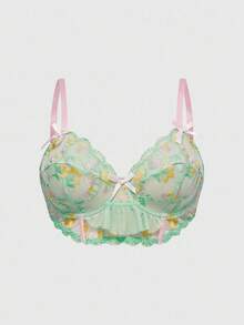 ROMWE Kawaii Plus Size Cute Embroidered Contrast Color Underwire Lingerie, For Valentine's Day - Green - View 7
