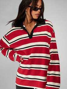 MISSGUIDED Áo thun polo kẻ sọc cổ tròn cổ điển Varsity Rugby cỡ lớn có cổ tương phản, tay dài, phong cách học sinh, thường ngày mùa thu đông - Nhiều màu - Xem 4