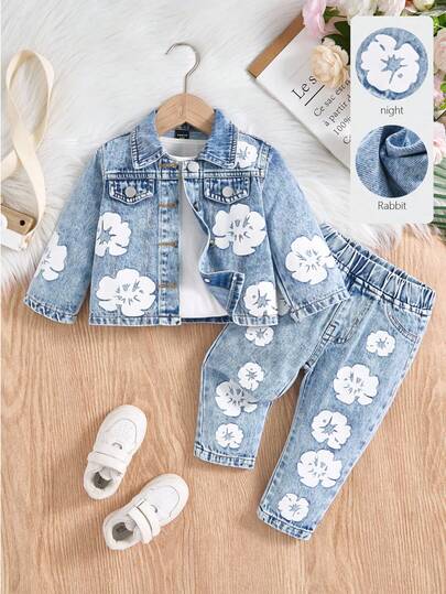 SHEIN 2pcs Baby Girls' Denim Set, Fashionable Printed Jacket Coat + Casual Printed Denim Pants, Street Style Floral Pattern Infant Denim Outfit Fall Winter