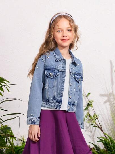 Sparklyn Tween Girls Y2K Style Denim Jacket, Spring/Autumn/Winter, Light Blue Denim With Faux Pearl Embellishment, Fitted Silhouette, Soft And Comfortable Fabric, Suitable For Daily Wear, School, And Commute Fall