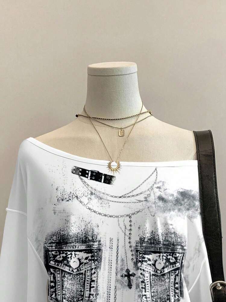SHEIN EZwear 休闲牛仔印花十字简约全图案单肩宽松白色短袖T恤女款 - 彩色 - 查看 3