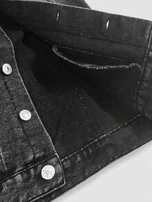 Tween Boys' Denim Hooded Jacket, Vintage Streetwear Casual College Style, Black Washed Denim With Black Knit Patchwork, Suitable For Outings, Dates, Daily College Looks, Leisure & Holiday, Street Photography, A Versatile Fashion Piece For Autumn/Winter - Black - View 8