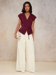 COSMINA Atasan Wanita Elegan Model V-Neck dengan Ikat Pinggang, Musim Semi/Panas, Warna Merah - Burgundy - View 5