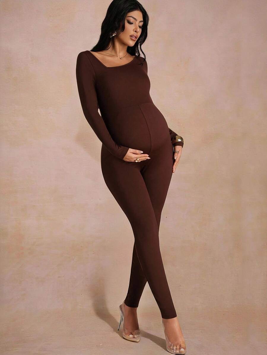 MaterniChic Maternity Asymmetric Collar Solid Color Casual Jumpsuit Maternity Rompers Pregnancy Clothes Maternity Jumpsuit Long Sleeve Maternity Jumpsuit  Baby Shower Maternity Elegant