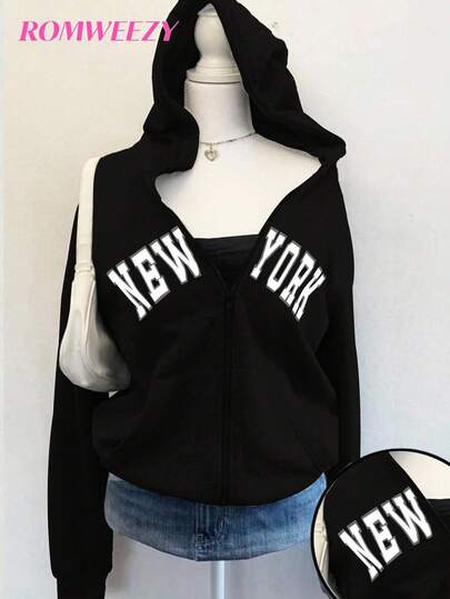 Autumn/Winter Girls' Hooded Zip-Up Jacket With English Print - Contrast Letter Print Mix Street Style, Warm Knit Fabric Suitable For Autumn/Winter, Slightly Oversized Fit Allows Room For Growth, Energetic Campus & Street Style!