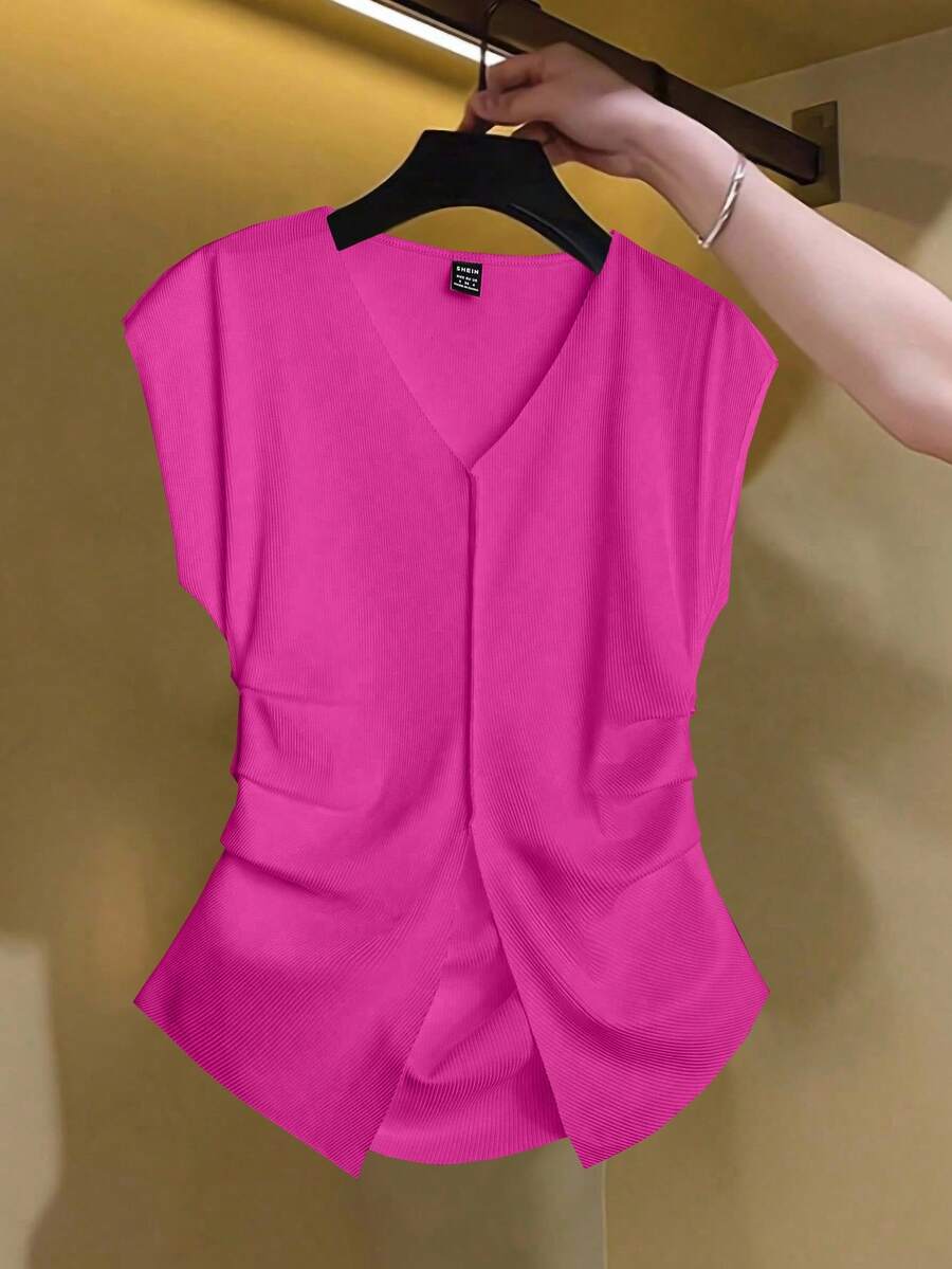 Franclia 女士纯色V领短袖褶皱下摆时尚T恤 - 玫紅色 - 查看 1