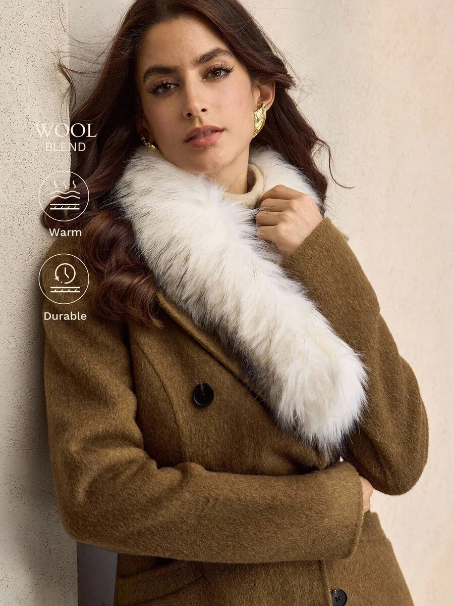 ZEYLAH Detachable Fur Collar Floral Chiffon Long Woolen Coat, Autumn/Winter - Brown - View 1