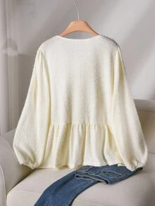 CosyJoli Große Größen Lässig A-Linie Babydoll Laternärmel Schleife Bluse für Damen/Herbst/Winter - Aprikosenfarben - Übersicht 2
