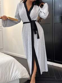 SHEIN Contrast Color Ribbed Long Casual Robe/Loungewear, Fall & Winter - Light Grey - View 1