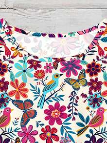 EMERY ROSE 大码女装日常休闲优雅复古度假风热带花卉图案圆领双层小飞袖宽松衬衫，女士夏装，女士度假服装，女士夏装，女士外出上衣