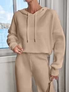 SHEIN Women Solid Color Drop Shoulder Hooded Pullover & Sweater Pants Set Linen
