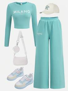 Girlism Teen Girls Casual And Simple Basic Spring And Summer Round Neck Long-Sleeved Milano Cropped T-Shirt + Quarter Pants Sweatpants Blue Textured Fabric Two Pieces Set - Mint Green - View 1