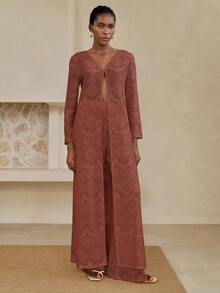 EMERY ROSE 2pcs Solid Color Hollow Long Sleeve V-Neck Cardigan & Straight Leg Pants Outdoor Casual Beach Holiday Set For Women, Spring/Summer - Rust Brown - View 6