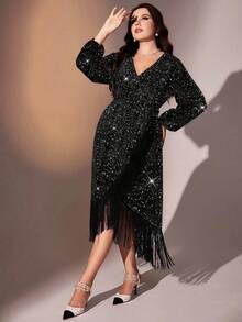 SHEIN Elenzya Đầm thanh lịch tay đèn lồng cổ chữ V xếp chồng cỡ lớn dành cho nữ - màu đen - Xem 1