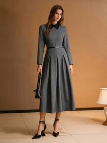 MOTF PREMIUM WOMEN'S CONTRAST COLLAR FOLD PLEATED DRESS - Multicolor - View 5