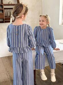 LMoss Kids 青少年女孩梭织条纹圆领泡泡袖休闲衬衫和加长裤两件套 - 藍白色 - 查看 1