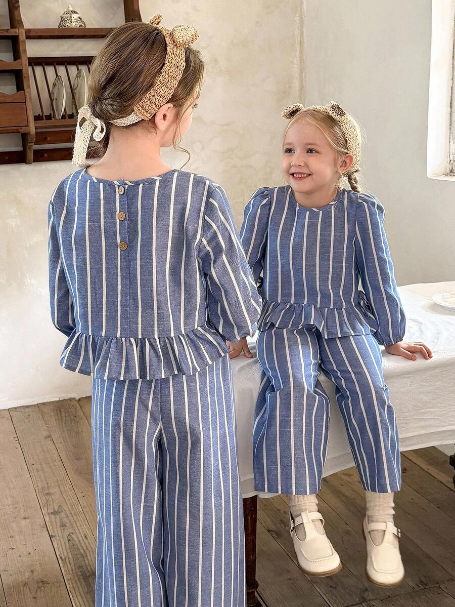 LMoss Kids 青少年女孩梭织条纹圆领泡泡袖休闲衬衫和加长裤两件套 - 藍白色 - 查看 1