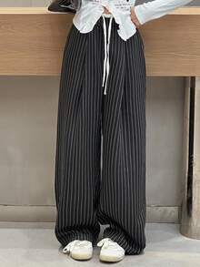 DAZY 青少年/青年女孩宽松直筒裤，拼色设计，休闲风格，秋季 - 黑色 - 查看 2