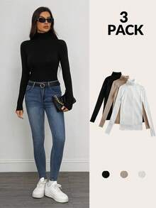 SHEIN Tall 秋冬休闲时尚百搭纯色高领长袖女式毛衣 - 彩色 - 查看 2