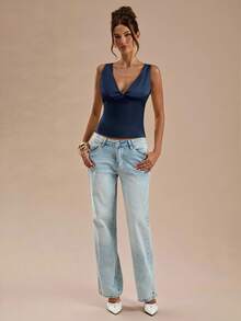 SHEIN BAE 黄色缎面蕾丝拼接吊带背心，适合度假、海滩、音乐节、早午餐、婚礼宾客、伴娘等场合。 - 藏蓝色 - 查看 5