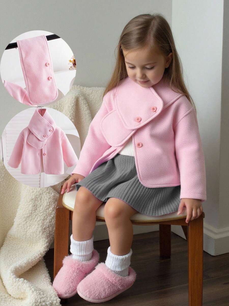 SHEIN 1pc Autumn/Winter Fashionable Street-Style Sweet & Cute Pink Fleece Regular Long Sleeve Jacket With Matching Scarf, Suitable For Daily Wear, School, Parties, And Photoshoots Fall