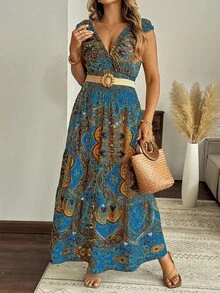 SHEIN Clasi 大码女式 V 领露背荷叶边腰喇叭形超长波西米亚风格浪漫度假连衣裙，数码印花 - 水鴨藍 - 查看 4