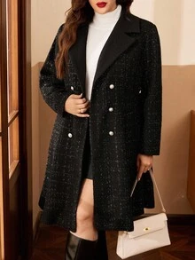 SHEIN Clasi 大码女式优雅天鹅绒长款喇叭下摆外套，适合秋冬季、圣诞节、万圣节、派对、活动、约会场合 - 黑色 - 查看 7
