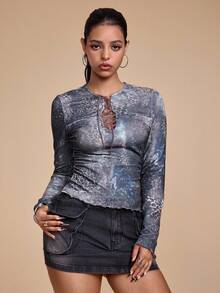 ROMWE Grunge Punk Top ajustado con cuello en V profundo, estampado de leopardo y teñido anudado en estilo vintage y sexy