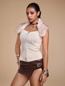 ROMWE Grunge Punk Sexy Retro Detachable Faux Fur Collar Animal Print Fitted Women Tank Top - Beige - View 5