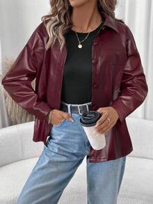 SHEIN LUNE Veste en PU à manches longues, style rock de rue décontracté, grande taille. Veste thermique pour l'automne et l'hiver, idéale pour les vacances - Rouge foncé - Voir 5