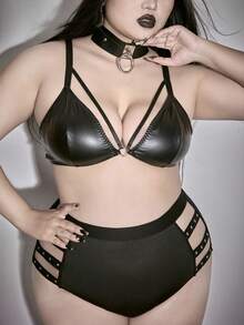 ROMWE Grunge Punk Große Größen Triangel-BH mit herzförmiger Metall-Schnalle und PU Material - Schwarz - Übersicht 2