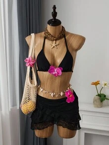 SHEIN Swim Vacation Beach Solid Color Bikini With Lace Cover-Up Sarong 2 Pieces Set For Summer - Black - View 12