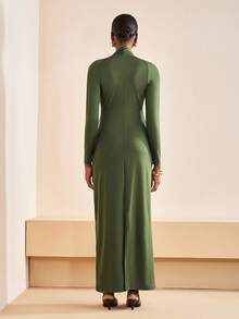 Zivah Vestido maxi de mujer elegante y casual para otoño e invierno 2025 con manga larga, decoración metálica, cuello en V y pliegues, ideal para viajes, ir a trabajar, fiestas, vacaciones, estilo de dinero antiguo, compras, banquetes, elegante, citas, informal - A - Verde - Ver 2