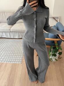 DAZY Women's Minimalist Ribbed Knit Loungewear Set, Autumn/Winter, Fall Clothes Pajama, Cozy Outfit - Grey - View 9
