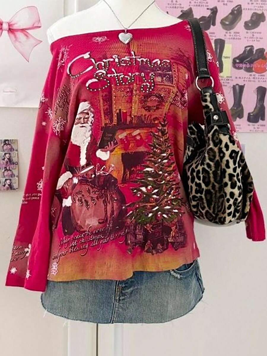 SHEIN Áo thun dài tay rộng rãi in kỹ thuật số lệch vai cho nữ - Nhiều màu - Xem 1