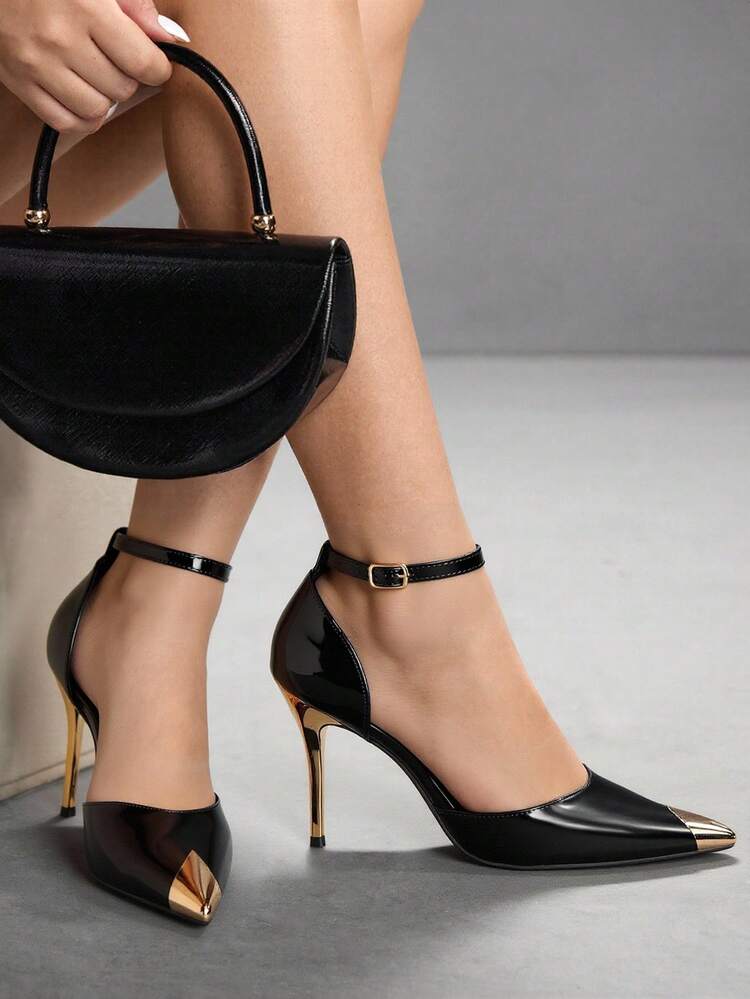 CUCCOO SZL Sexy Pointed Toe Metal Buckle Black Party Evening Gathering Ankle Strap Stiletto Hollow Out Women High Heels Pumps For Christmas Spring Shoes