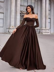 Aureia Đầm maxi satin xếp ly tay ngắn, trễ vai, xuyên thấu, viền ren, màu đen sang trọng, thanh lịch, phù hợp cho đám cưới, tiệc tùng, kỳ nghỉ, dạ hội, hẹn hò, các dịp trang trọng (chất liệu dày dặn), thích hợp cho ngày Valentine. - Cà phê nâu - Xem 7