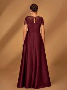 Serin Elegant Luxurious Romantic Coffee Color Mesh Patchwork Satin Pleated Luxury Beaded Applique Short Sleeve Bow A-Line Hem Dress, Suitable For Evening Party, Date, Vacation, Ball, Music Festival, Wedding, Bride Mother Dress